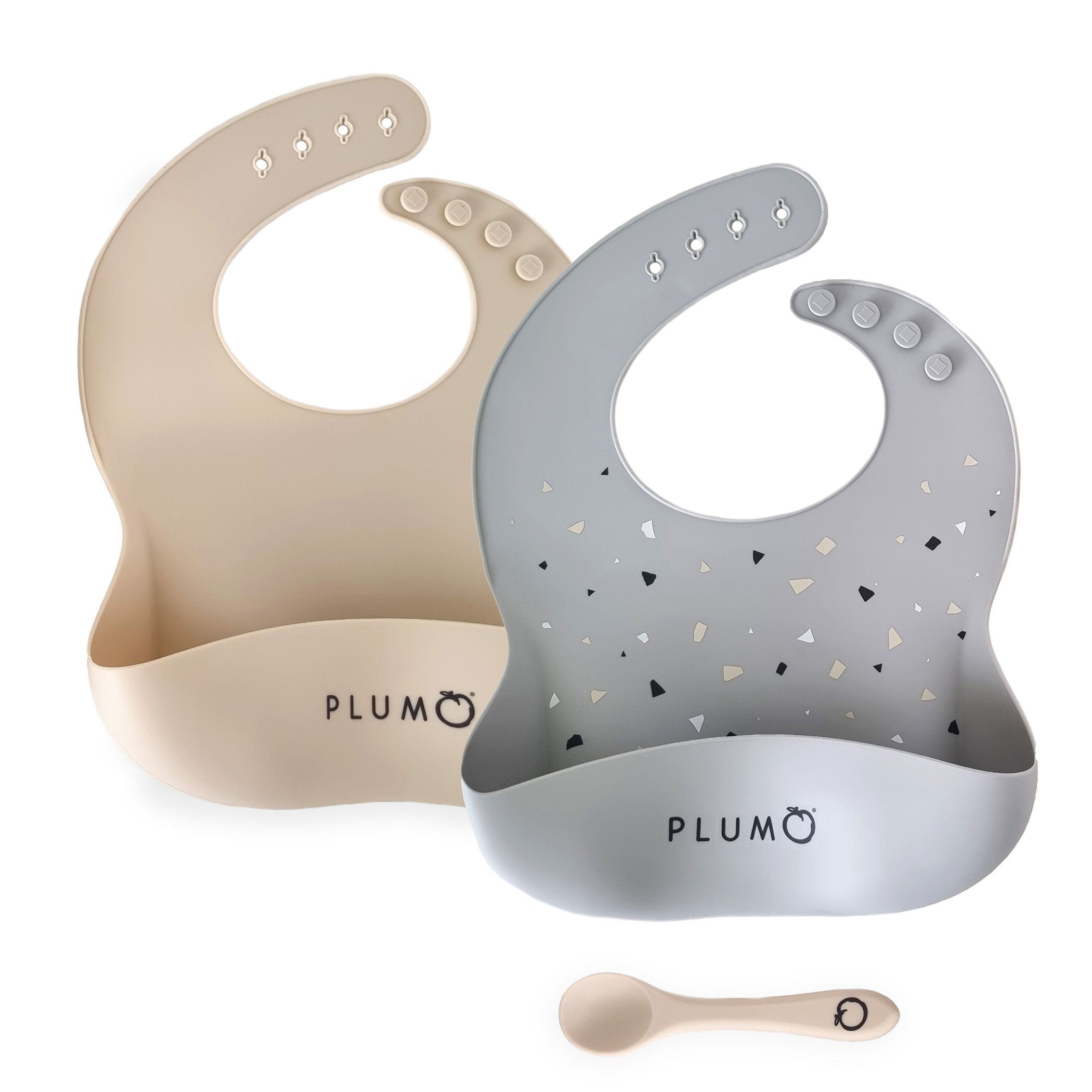 PLUM 3 Piece Silicone Bib and Spoon Set - Ash/Sand