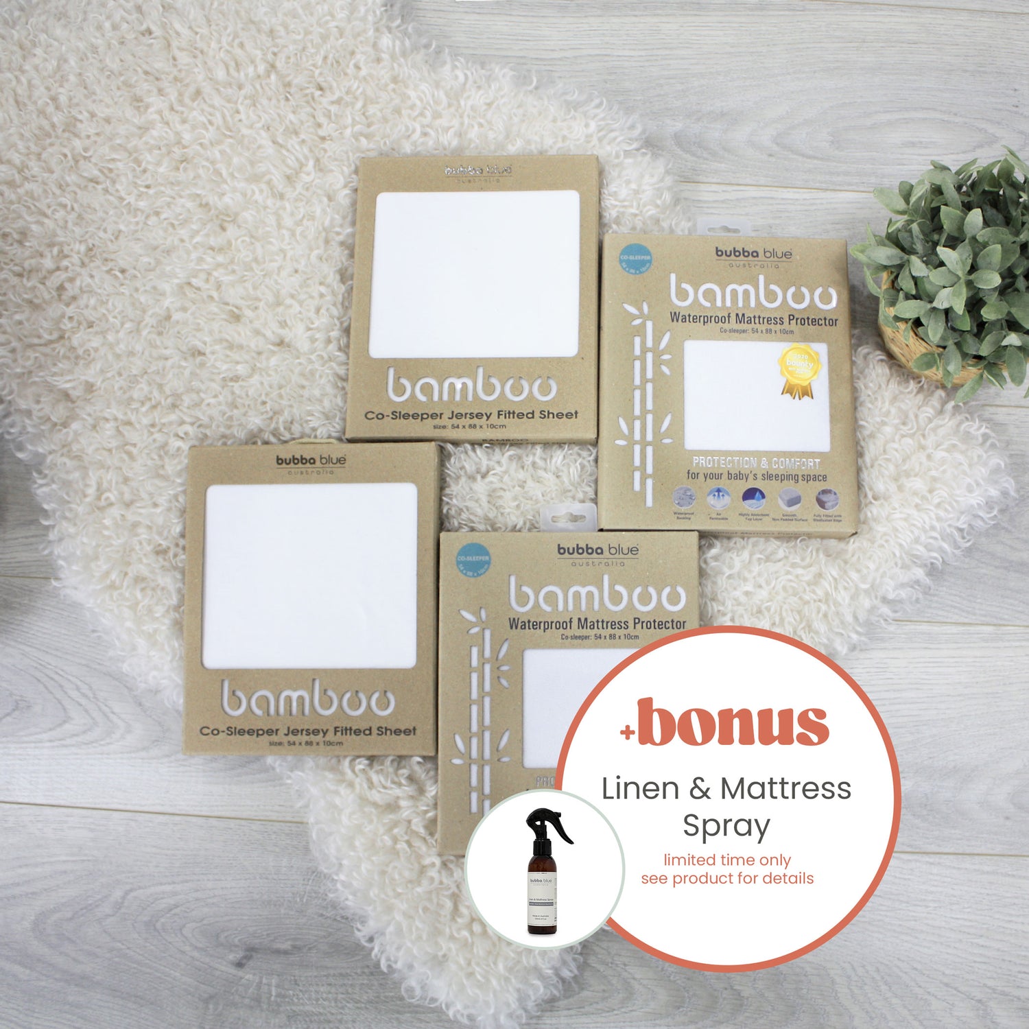 Bamboo White Co Sleeper/Bedside Sleeper 2x Fitted Sheet & 2x Mattress Protector Bundle plus Free Linen Spray