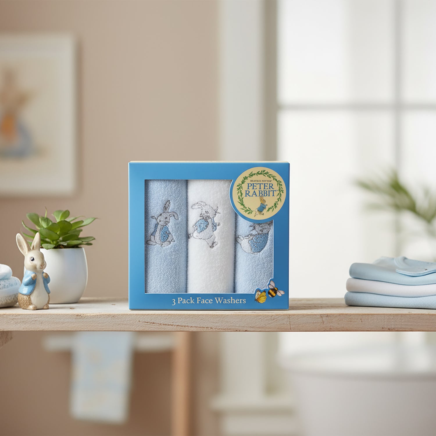 Peter Rabbit 'Hop Little Rabbit' 3 Pack Face Washers - Blue