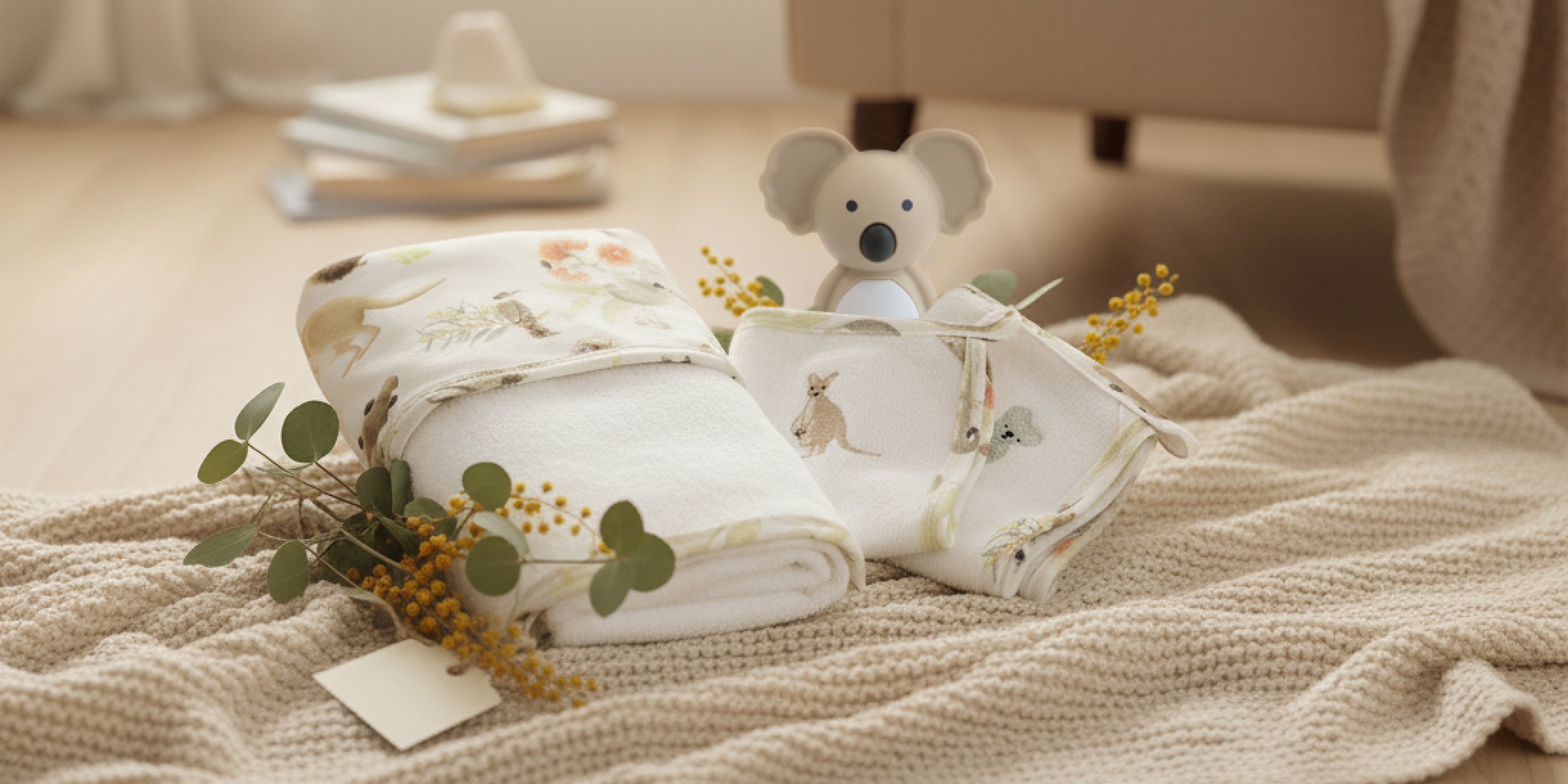 knit koala baby toy and koala print muslin wrap