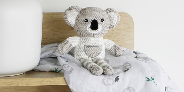 knit koala baby toy and koala print muslin wrap
