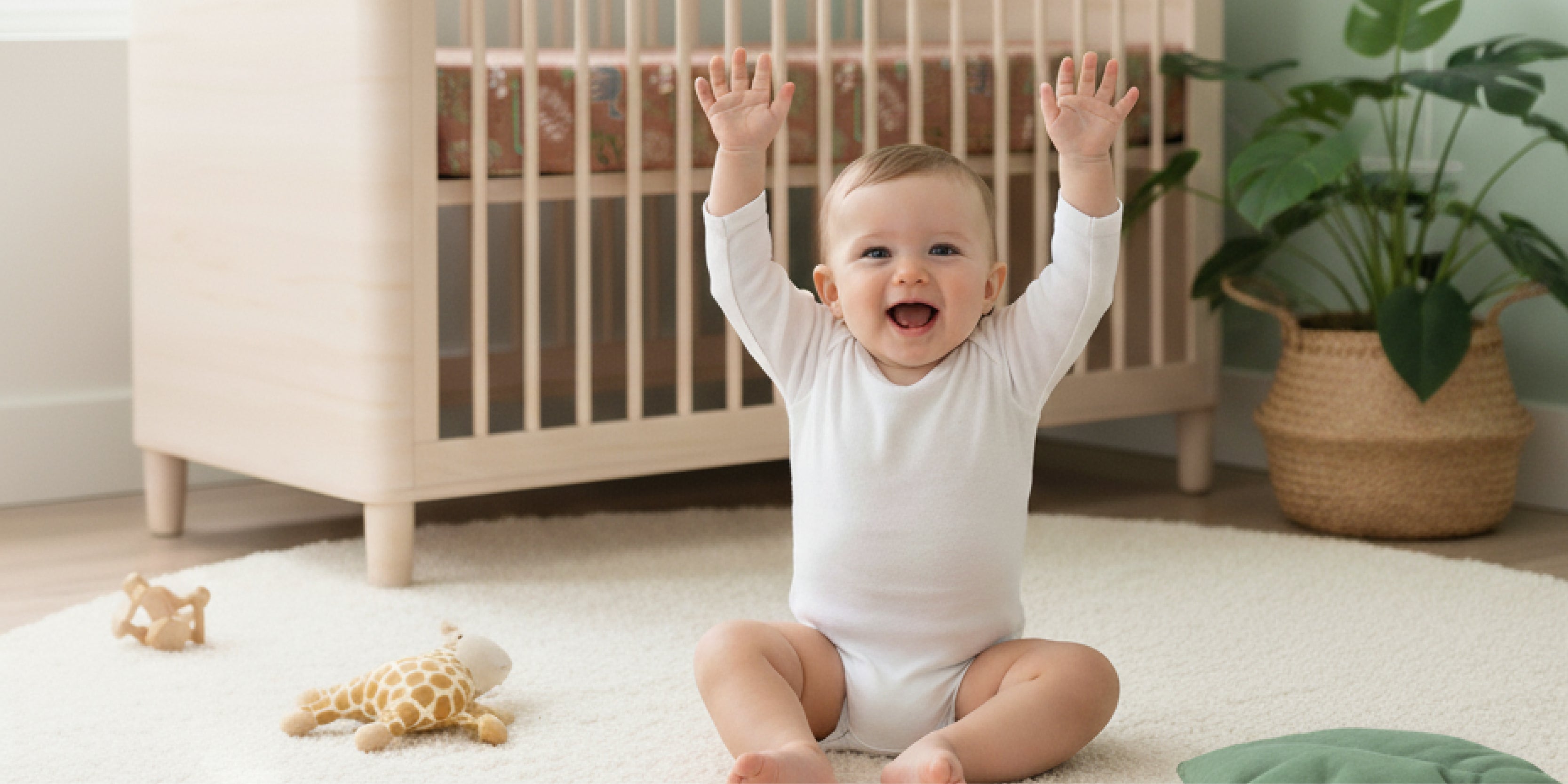 cute baby in sleeping bag with amazed look on its face
