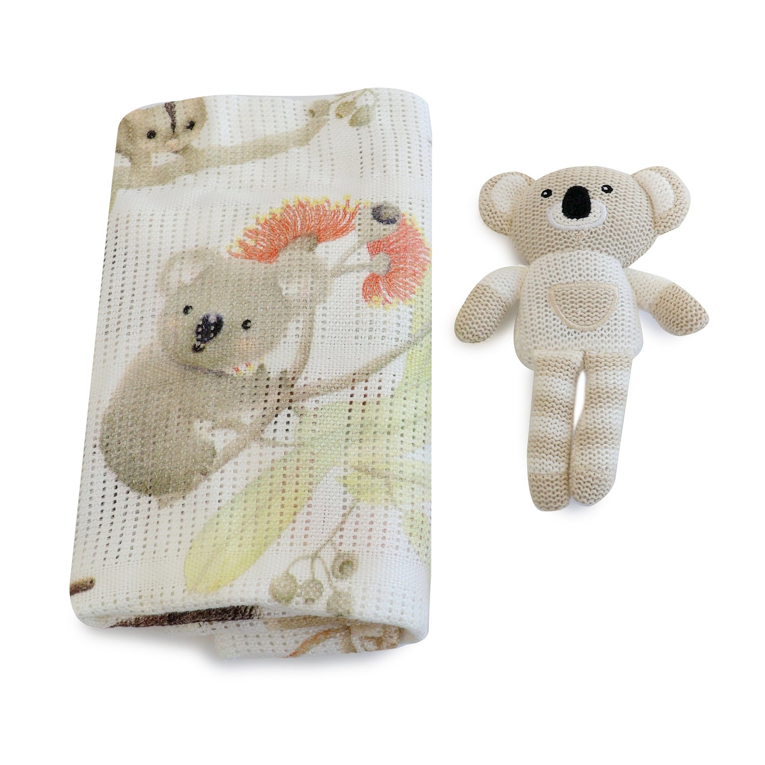 Aussie Animals Koala Knit Rattle & Cellular Blanket Set
