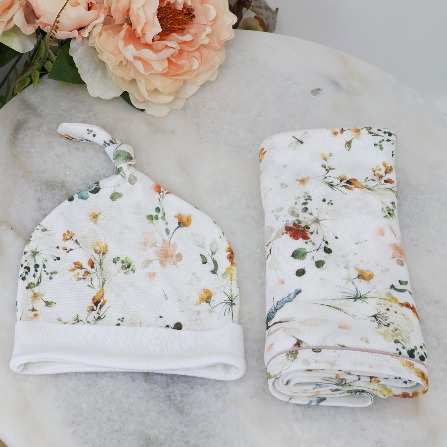 Peonies Bamboo 2PCS Jersey Swaddle & Beanie Set