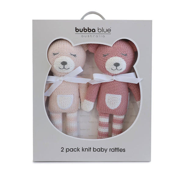 Nordic 2pk Knit Baby Rattles Dusty Berry/Rose Bear