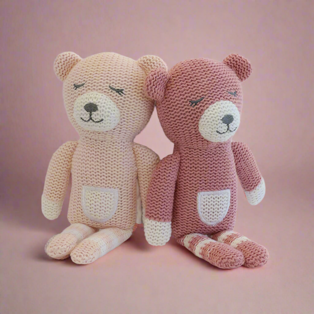 Nordic 2pk Knit Baby Rattles Dusty Berry/Rose Bear