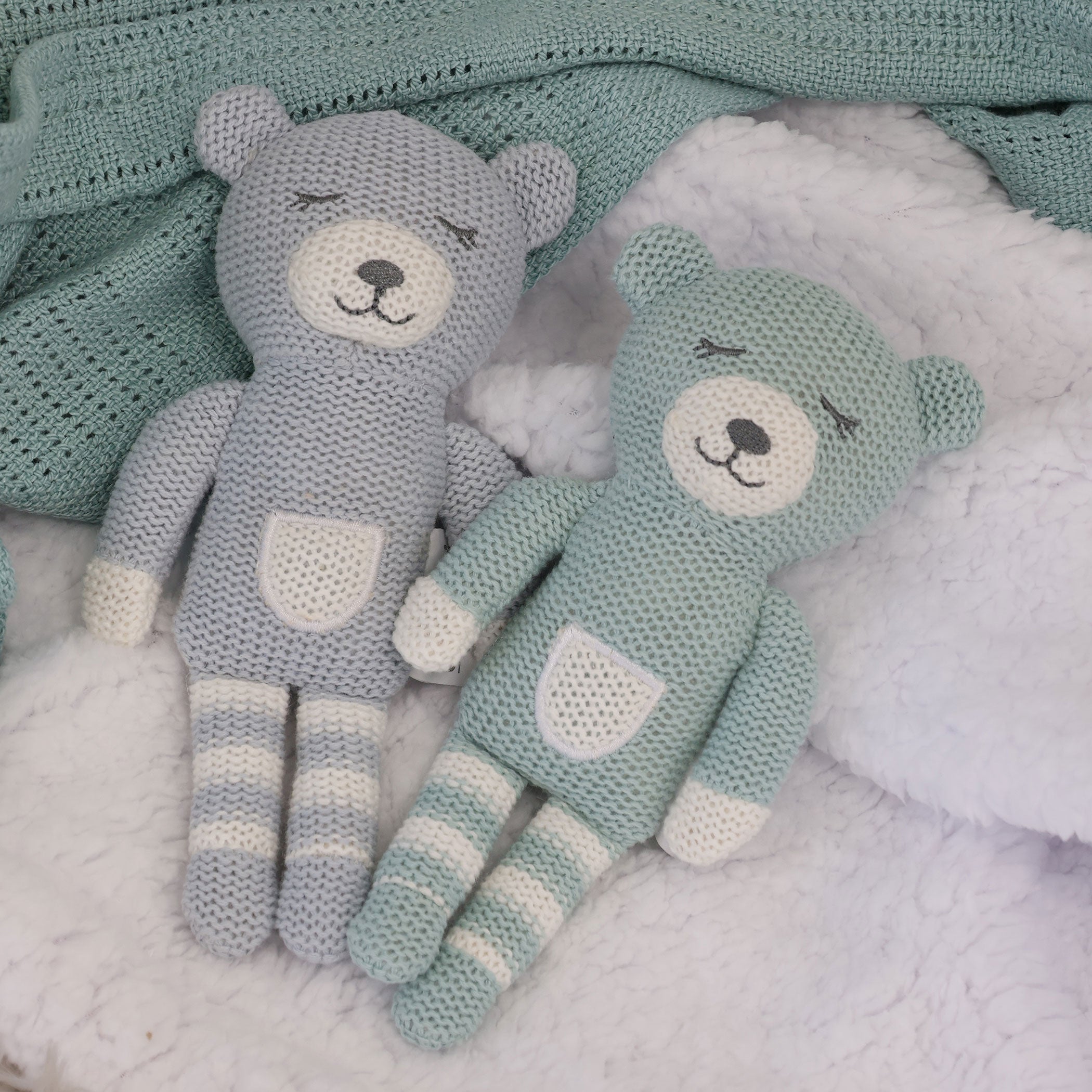 Nordic 2pk Knit Baby Rattles Dusty Sky/Mint Bear