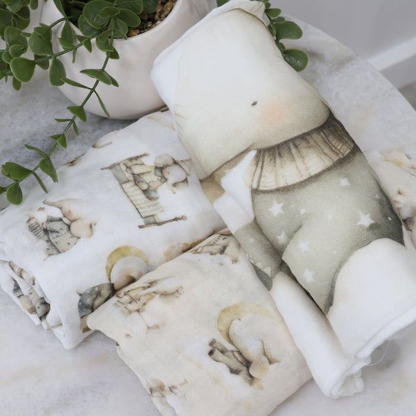 Elephant Bedtime 3pk Muslin Wraps