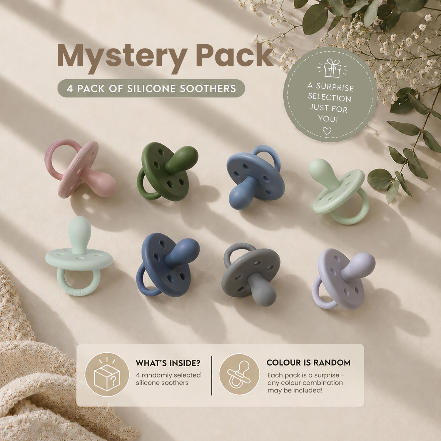 PLUM 4pk Silicone Soothers Mystery Pack NB-6M