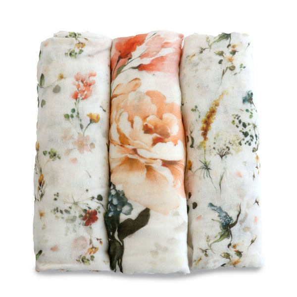 Peonies Bamboo 3pk Muslin Wraps