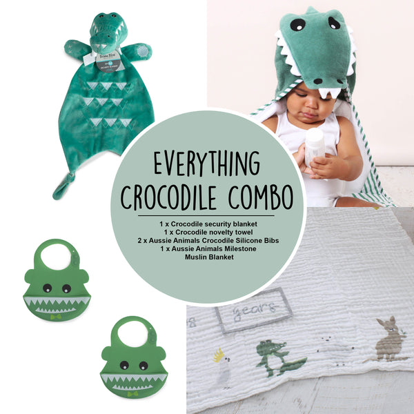 Everything Crocodile Combo - Novelty Towel, Silicone Bibs, Security Blanket and Milestone Muslin Blanket