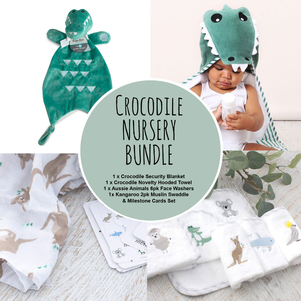 Crocodile Nursery Bundle - Hooded Towel, Face Washers, Security Blanket, Muslin Wraps