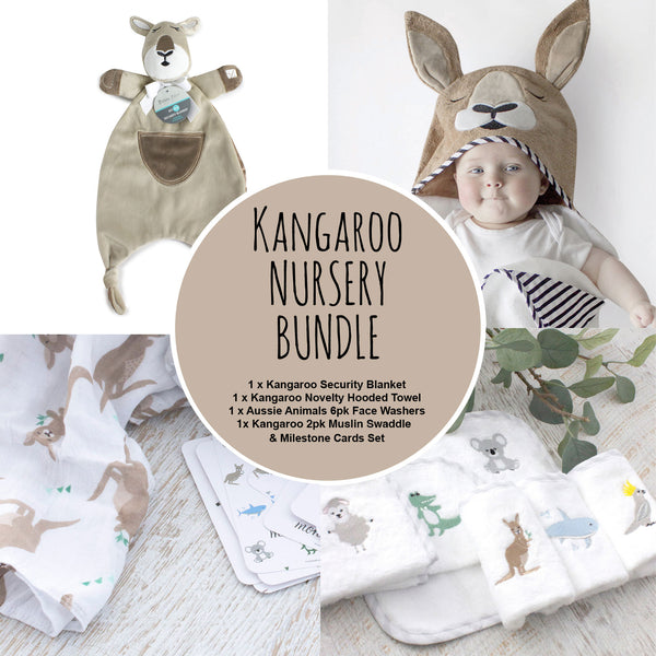 Kangaroo Nursery Bundle - Hooded Towel, Face Washers, Security Blanket, Muslin Wraps
