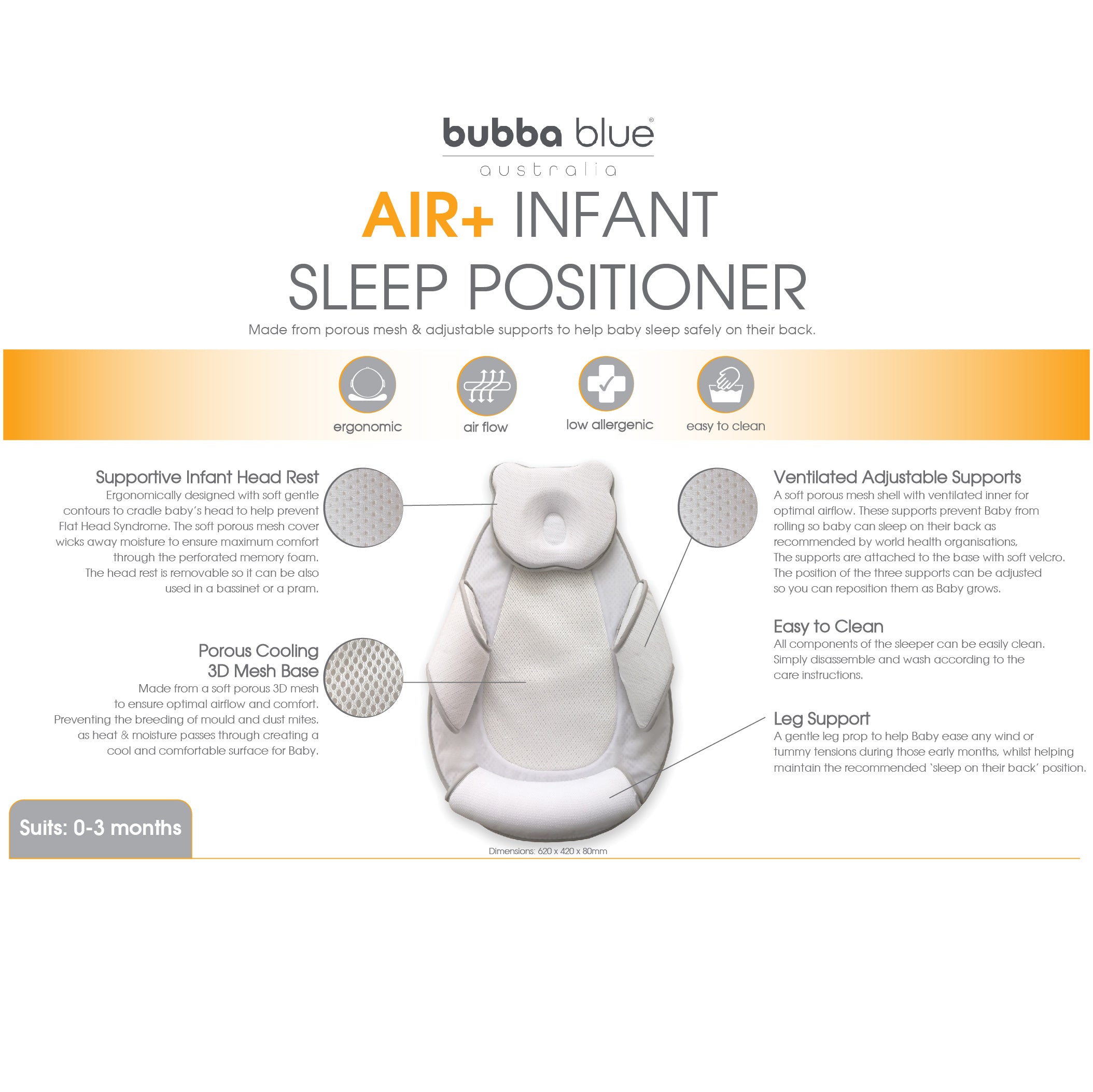 Air+ Infant Sleep Positioner with Head Rest - Grey