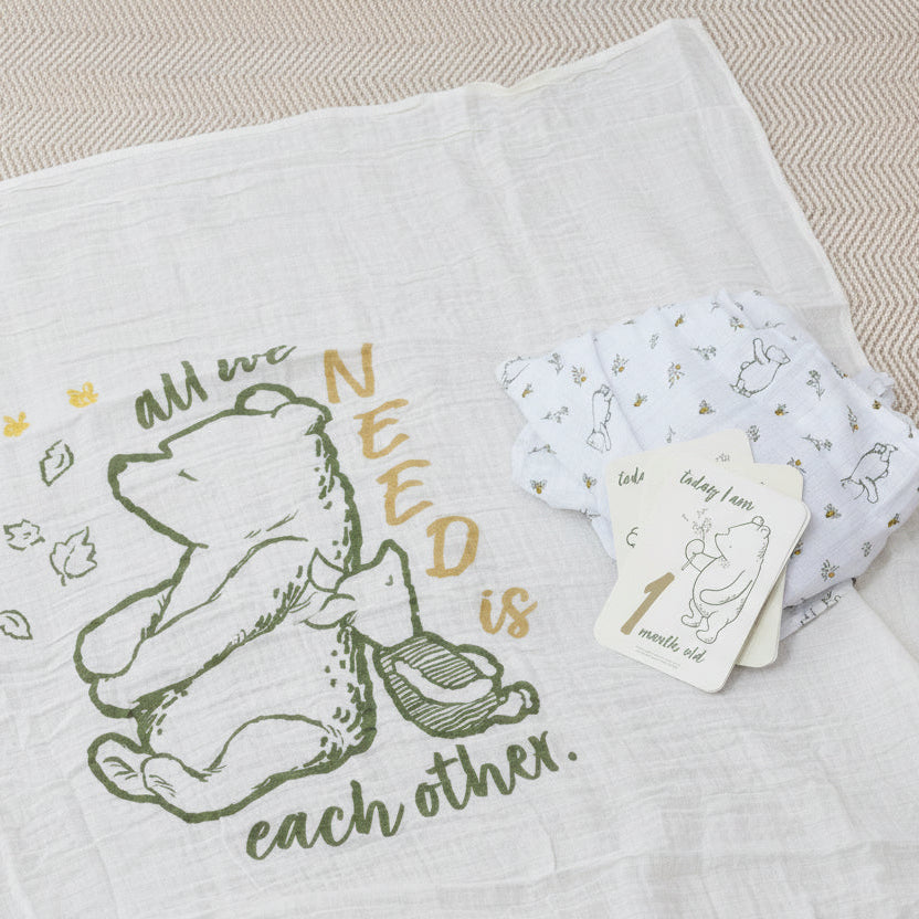 Disney Classic Pooh 2pk Muslin Wraps & 12pk Milestone Cards