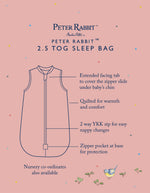 Illustration of a Peter Rabbit sleep bag with features labeled on a pink background