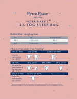 Informational graphic about Peter Rabbit sleep bag sizes and usage on a pink background