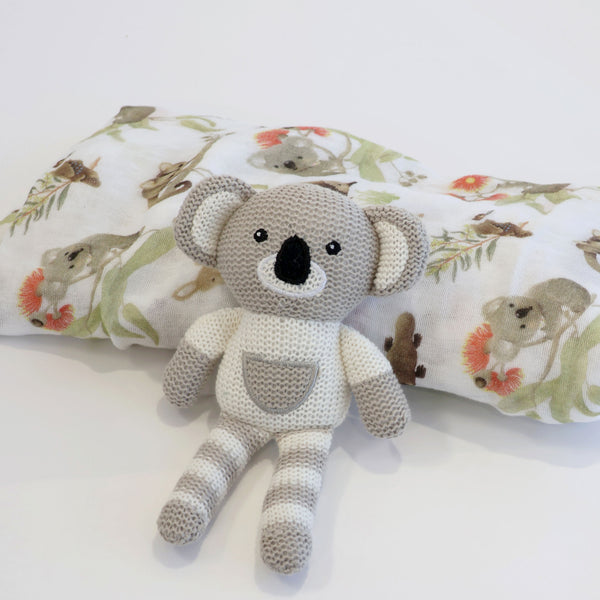 Aussie Animals Koala Muslin Swaddle Wrap and Knit Rattle Toy Gift Set