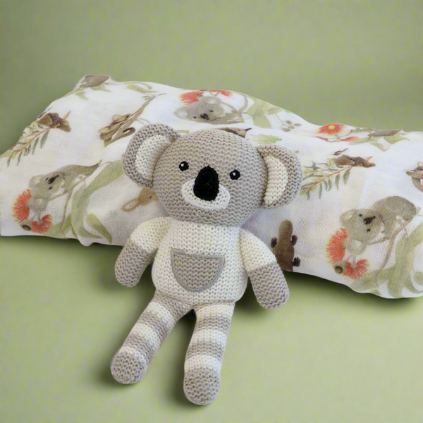 Aussie Animals Koala Muslin Swaddle Wrap and Knit Rattle Toy Gift Set