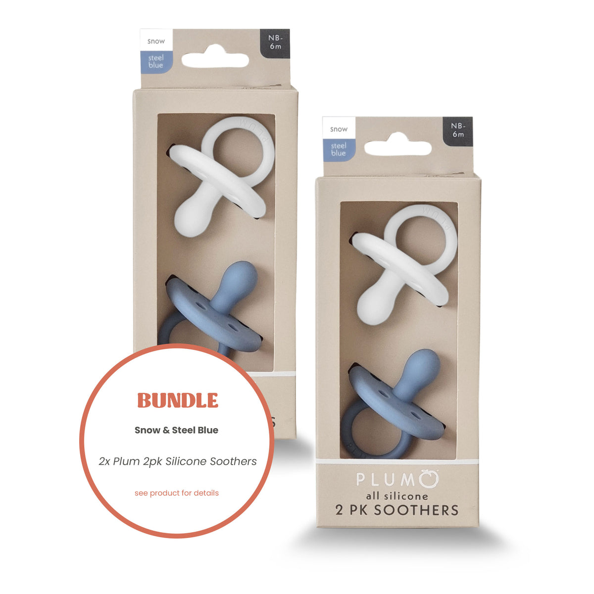 2x Plum 2PK Silicone Soothers - Steel Blue & Snow (0-6M)