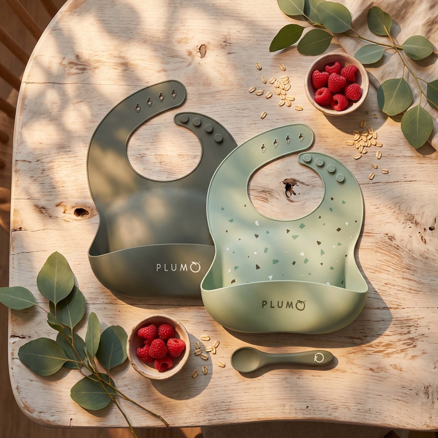PLUM 3 Piece Silicone Bib and Spoon Set - Olive/Pesto