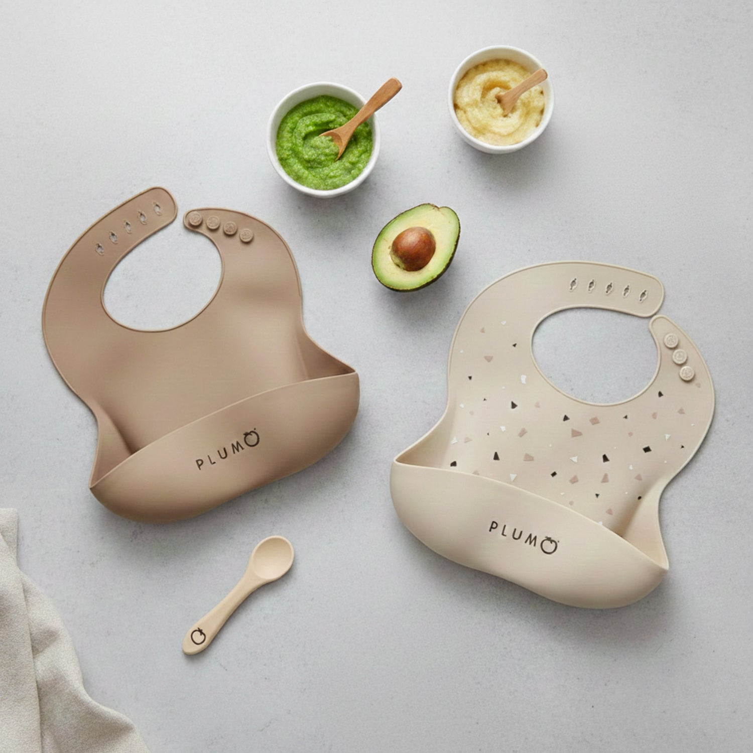 PLUM 3 Piece Silicone Bib and Spoon Set - Sand/Nutmeg