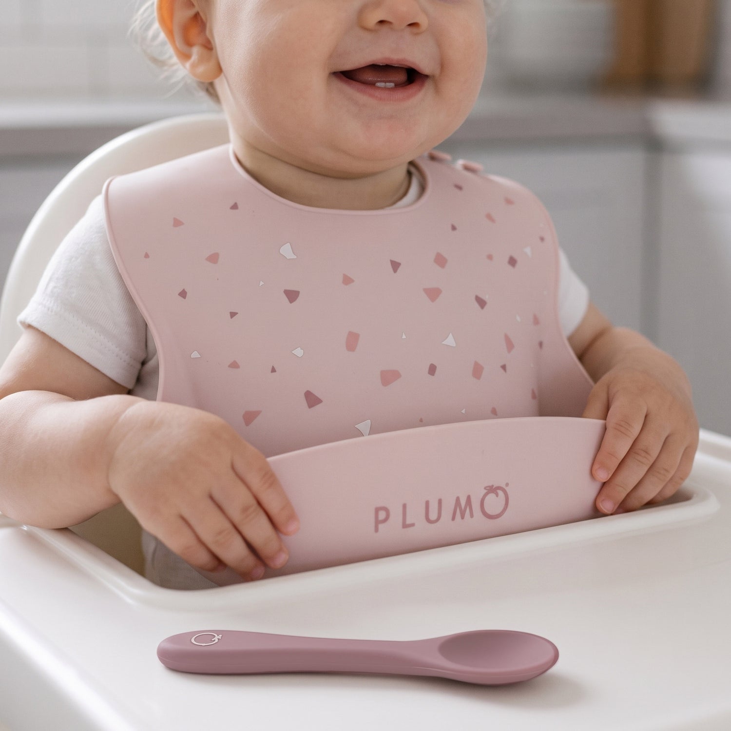 PLUM 3 Piece Silicone Bib and Spoon Set - Dusty Berry/Blush Pink