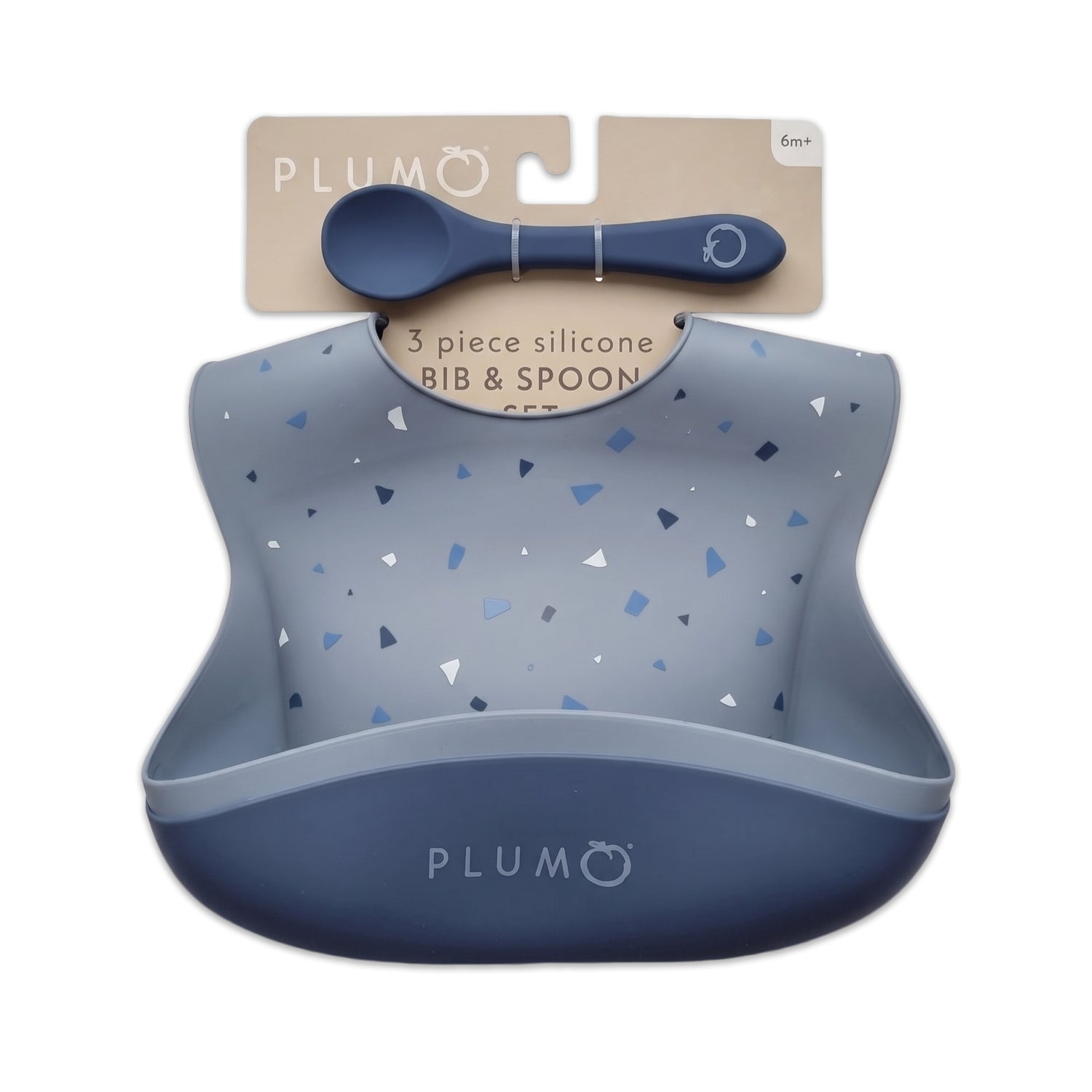 PLUM 3 Piece Silicone Bib and Spoon Set - Steel Blue/Denim
