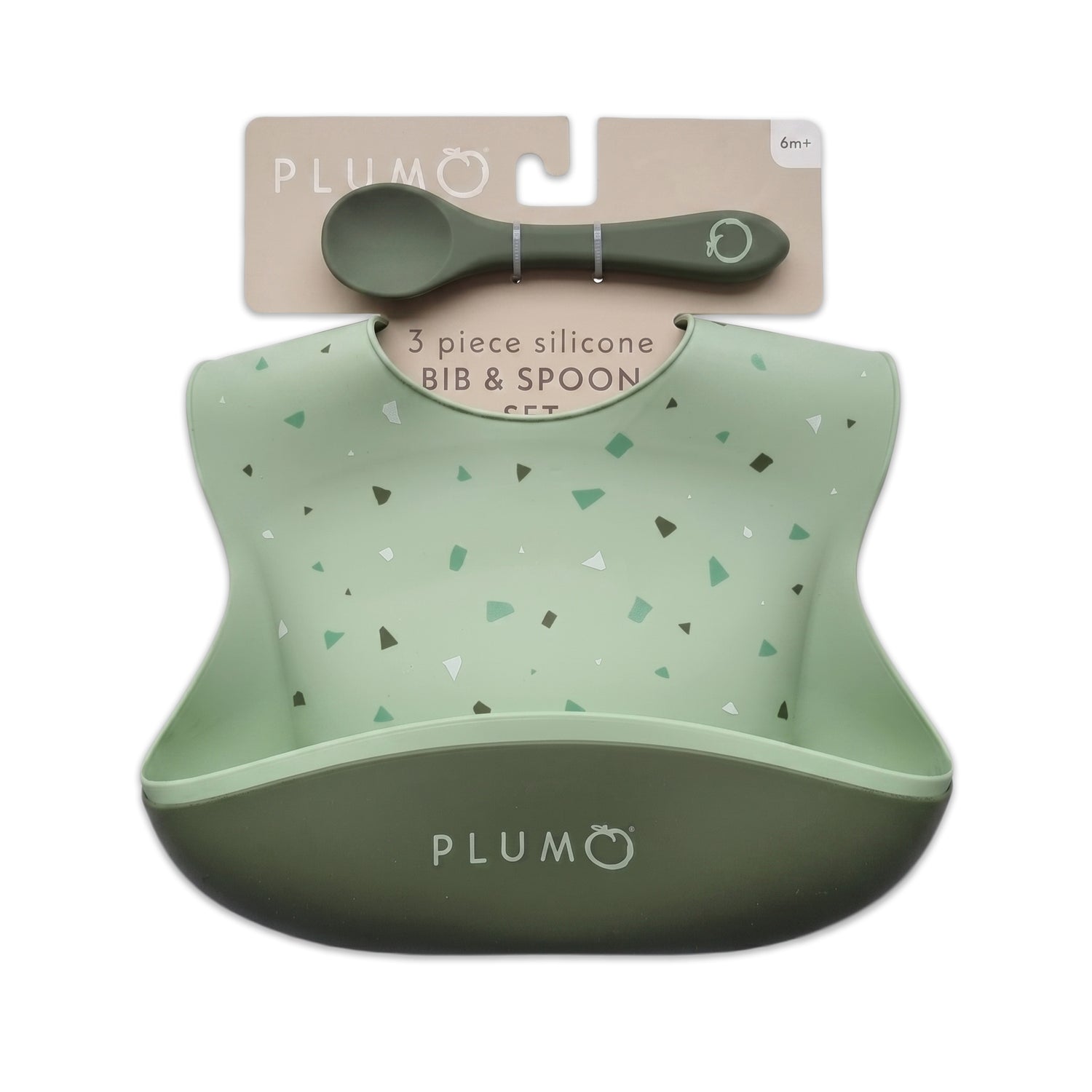 PLUM 3 Piece Silicone Bib and Spoon Set - Olive/Pesto