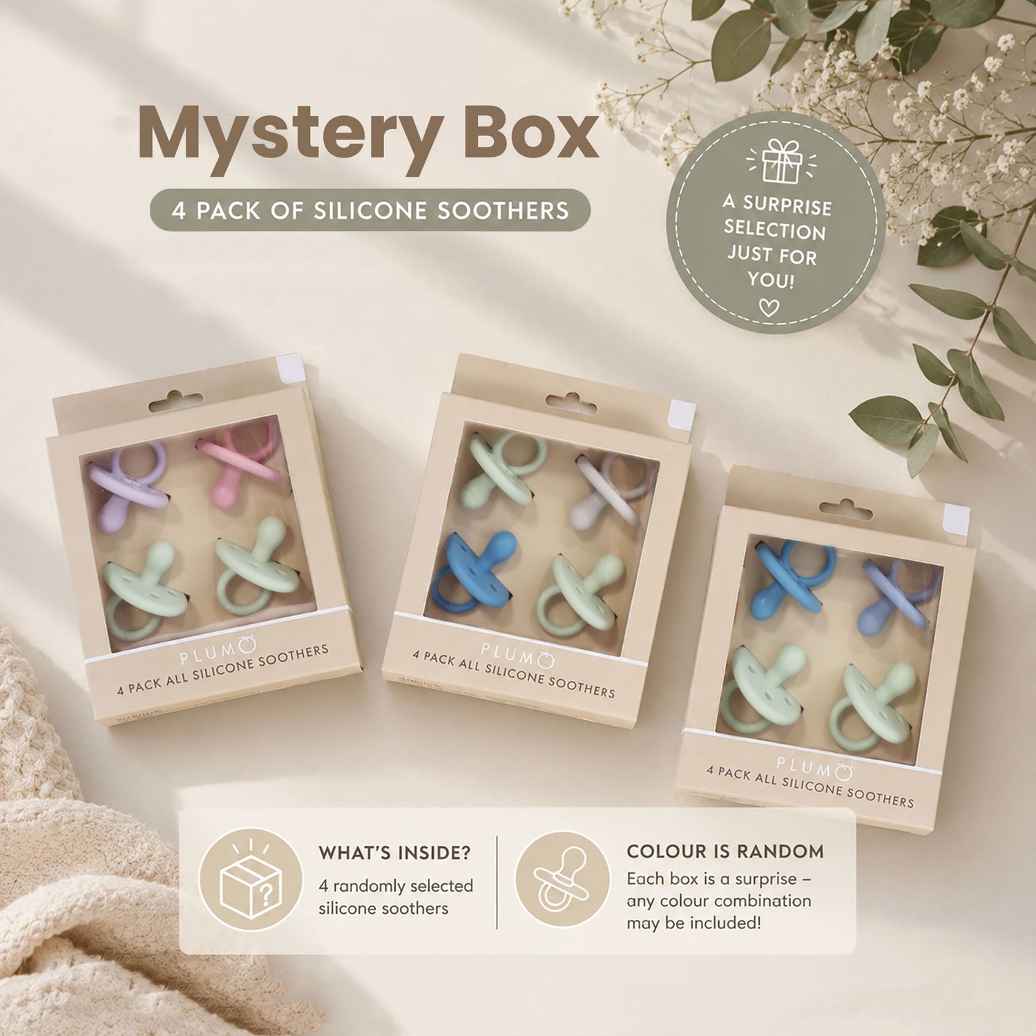 PLUM 4pk Silicone Soothers Mystery Box NB-6M