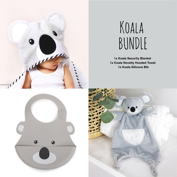 Aussie Animals 'Koala' Bundle - Novelty Hooded Towel, Security Blanket and Silicone Bib