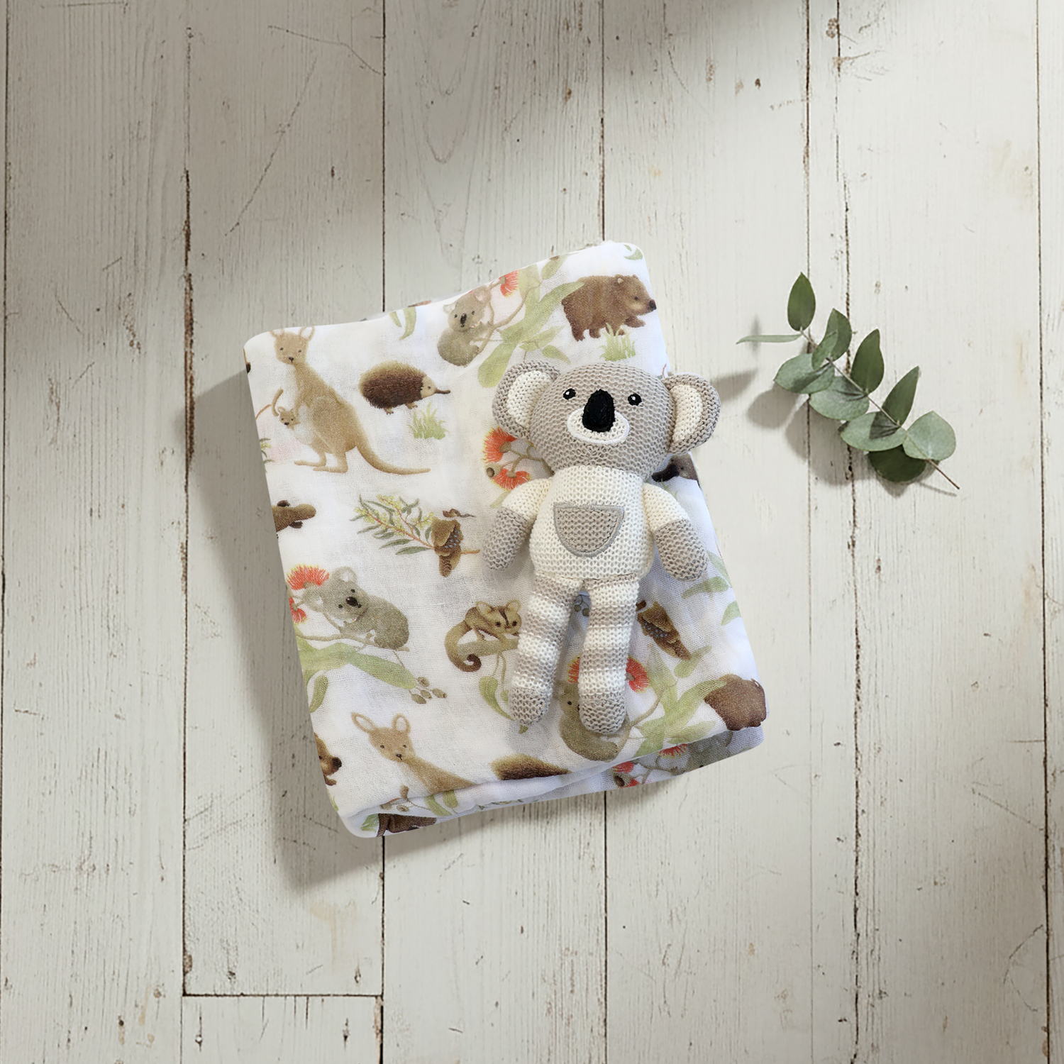 Aussie Animals Koala Muslin Swaddle Wrap and Knit Rattle Toy Gift Set