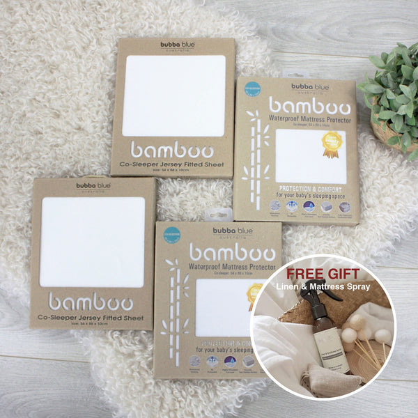Bamboo White Co Sleeper/Bedside Sleeper 2x Fitted Sheet & 2x Mattress Protector Bundle plus Free Linen Spray