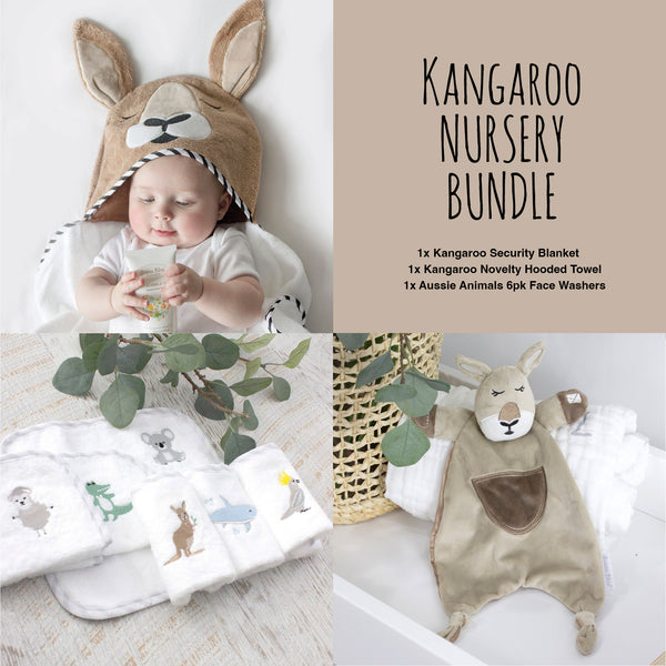 Kangaroo Nursery Bundle - Hooded Towel, Face Washers, Security Blanket