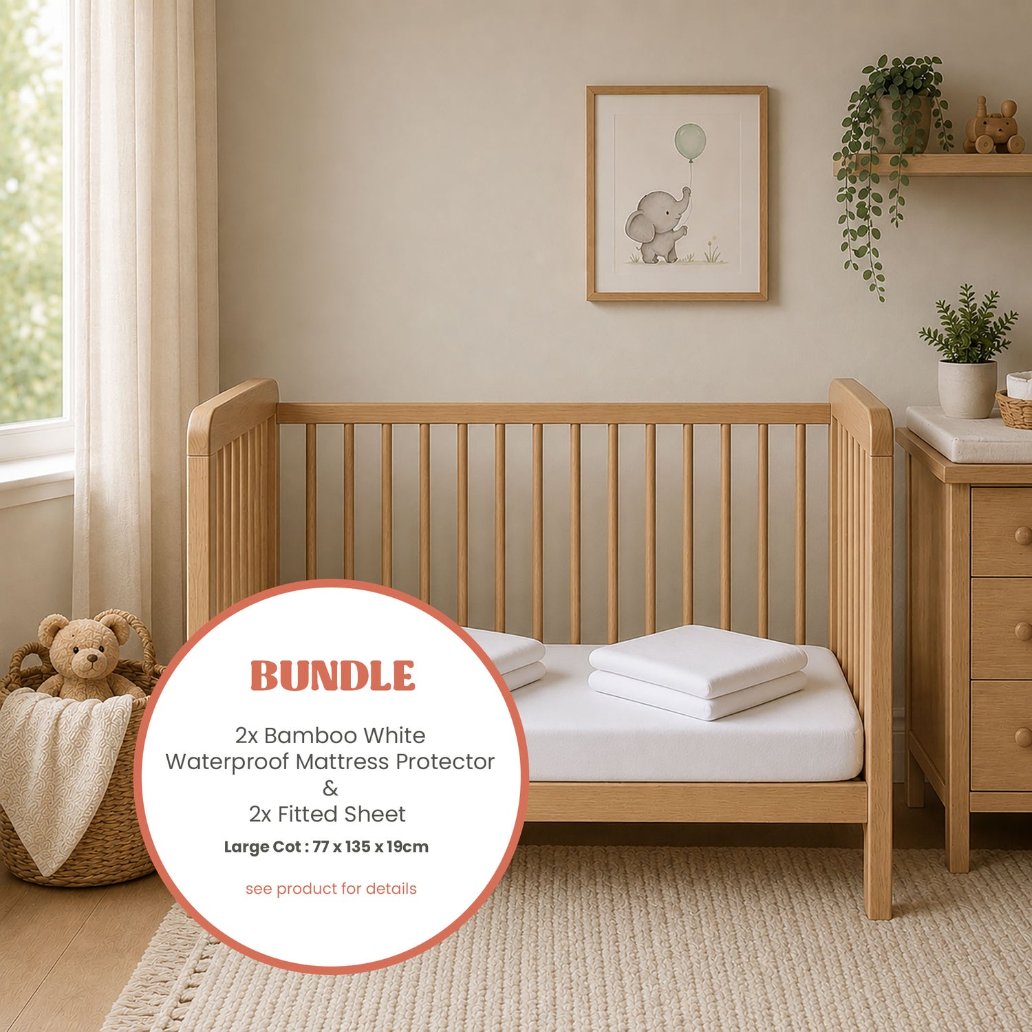 Bamboo White Large Cot 2x Fitted Sheets & 2x Mattress Protectors Bundle