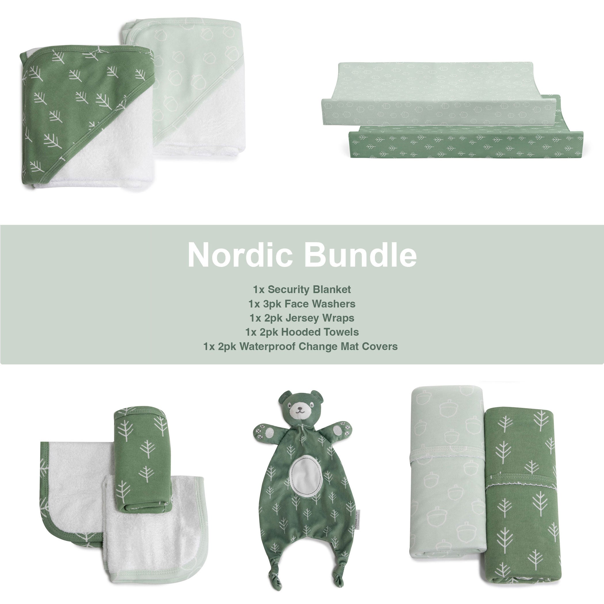 Nordic Avocado/Forest Bundle - Hooded Towel, Change Mat Cover, Face Washer, Jersey Wrap, Security Blanket