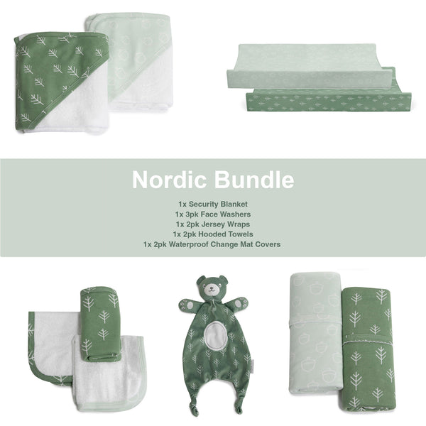 Nordic Avocado/Forest Bundle - Hooded Towel, Change Mat Cover, Face Washer, Jersey Wrap, Security Blanket