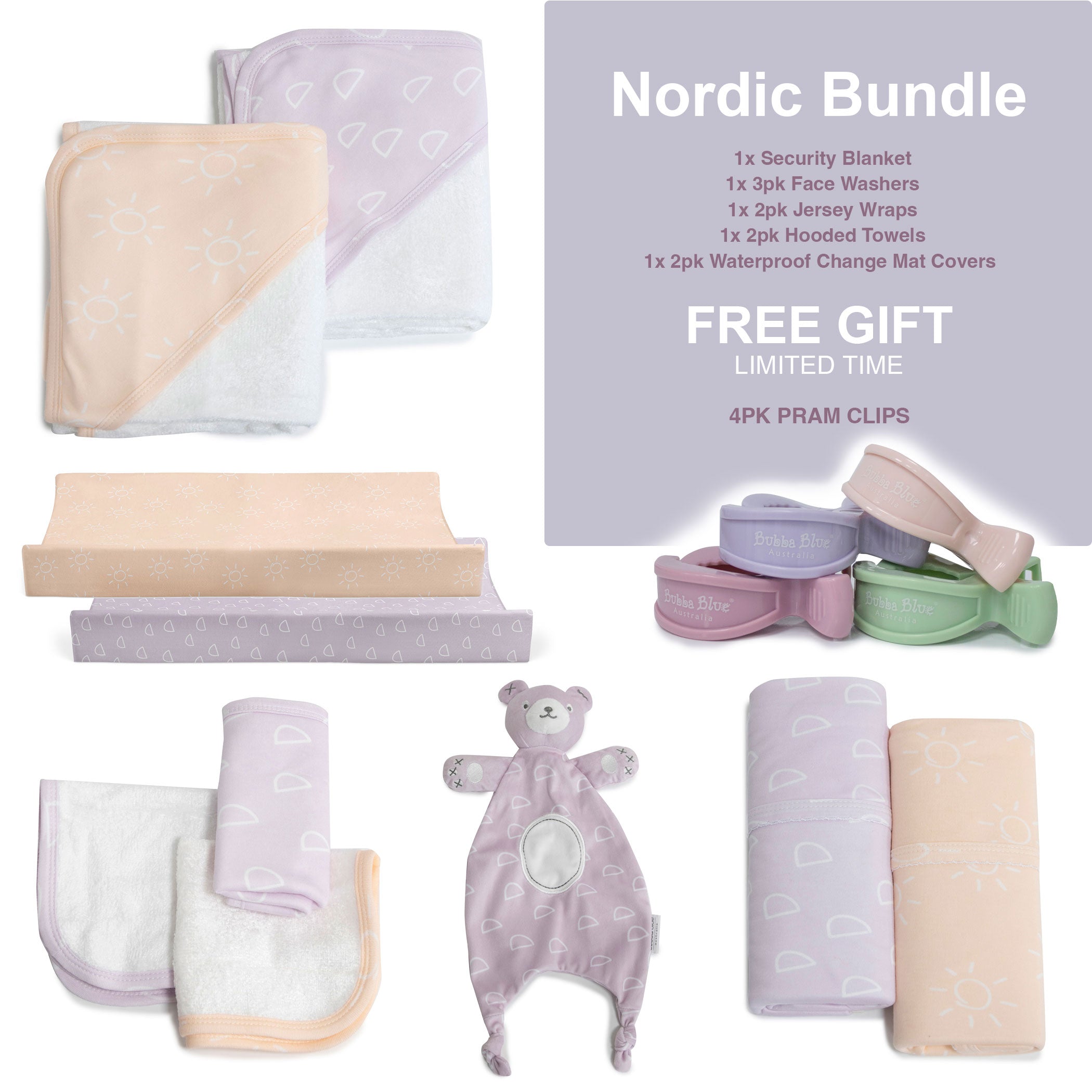 Nordic Peach/Lilac Bundle - Hooded Towel, Change Mat Cover, Face Washer, Jersey Wrap, Security Blanket