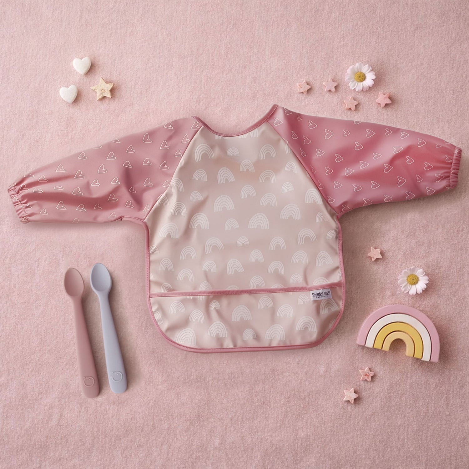 Nordic Smock Bib & Plum 2pk Feeding Spoons Bundle - Pink