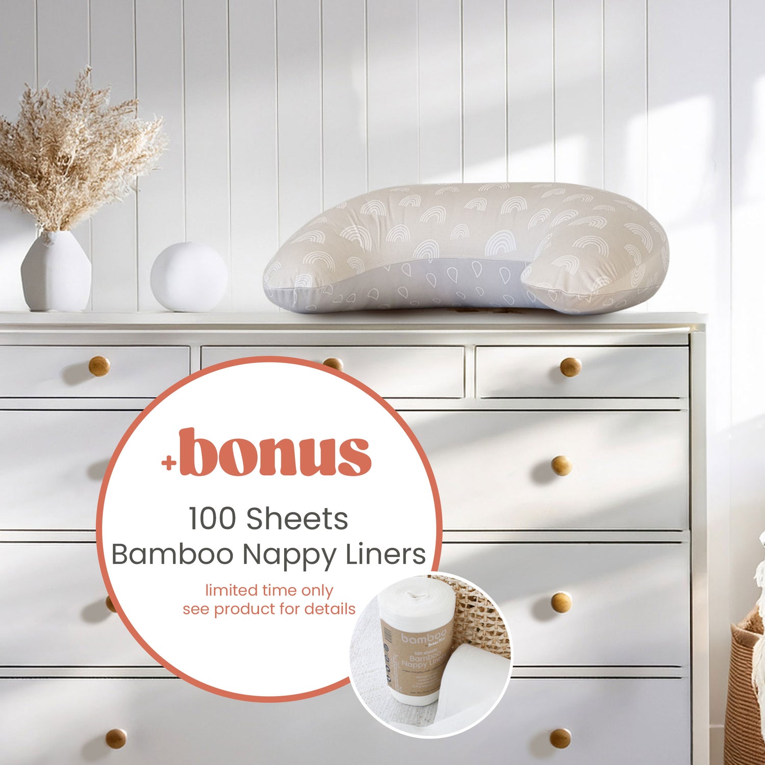 Nordic Nursing Pillow Sand/Grey Plus FREE Bamboo 100 Sheets Nappy Liners