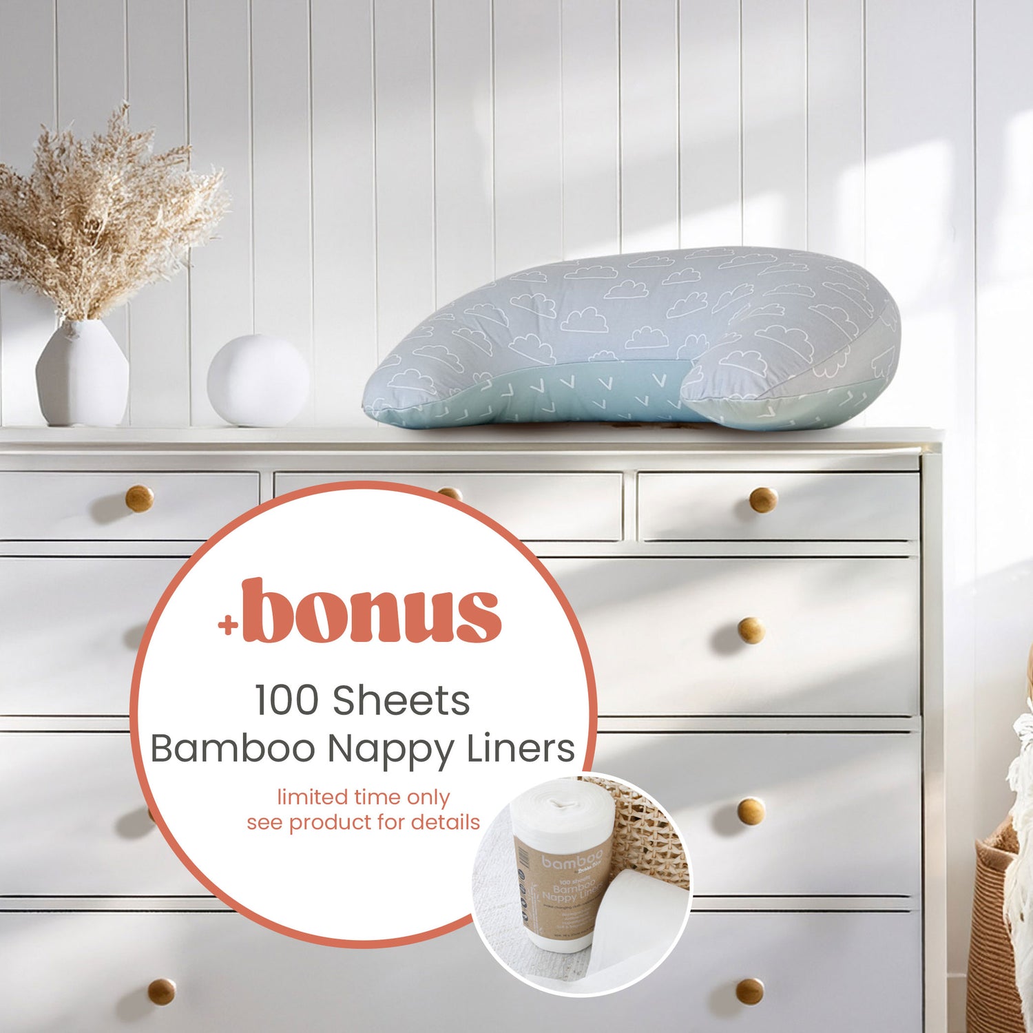 Nordic Nursing Pillow Sky/Mint Plus FREE Bamboo 100 Sheets Nappy Liners