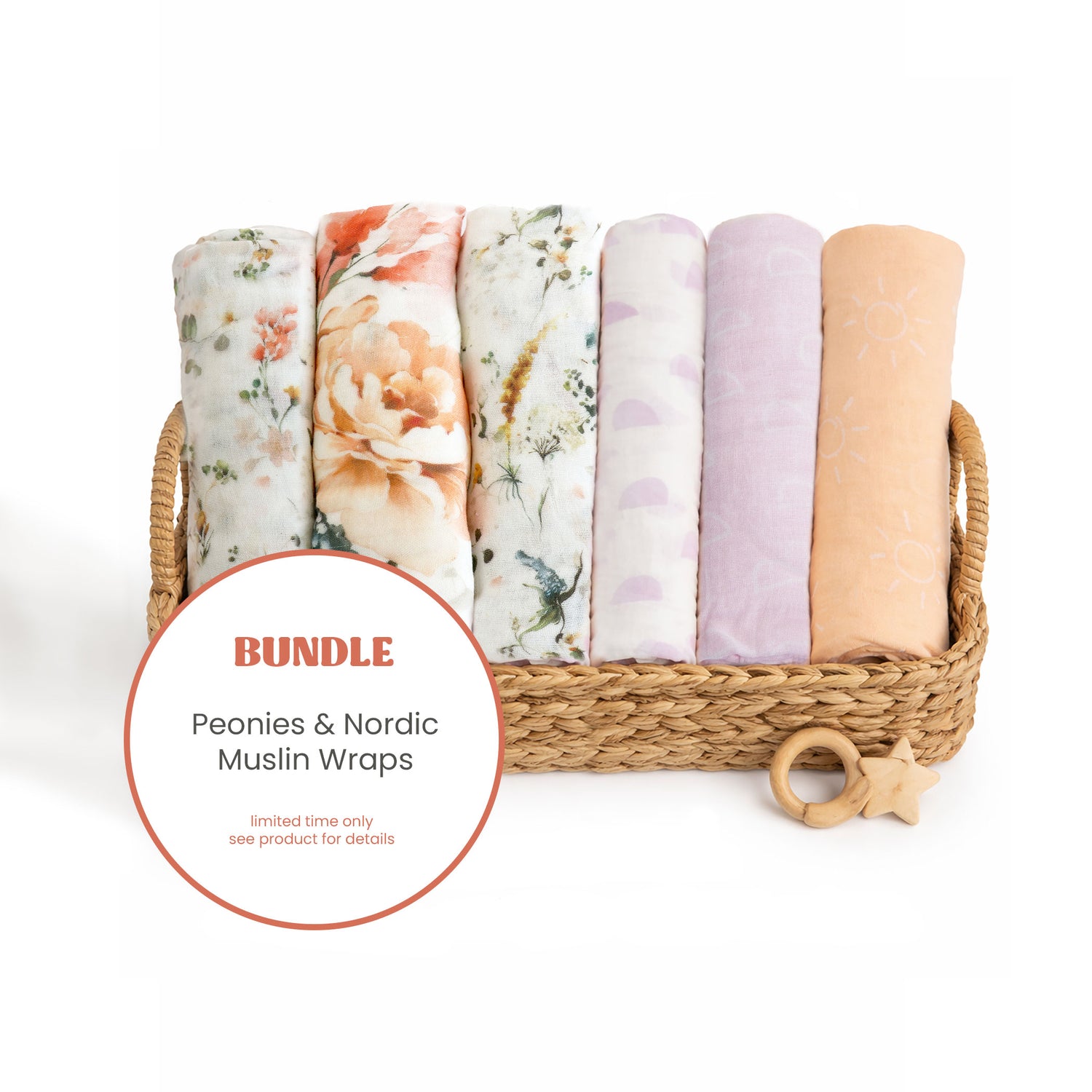 6pk Muslin Wraps Bundle - Peonies & Nordic Peach/Lilac