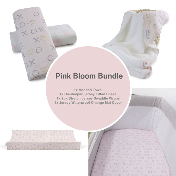 Pink Bloom Bamboo Bundle - Hooded Towel, Jersey Wraps, Co-sleeper Fitted Sheet, Change Mat Cover