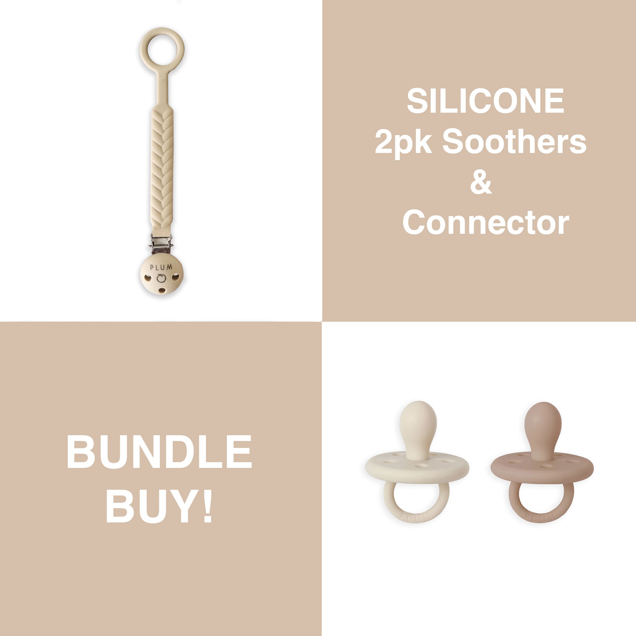 PLUM Silicone Soothers & Connector Bundle - Sand (0-6M)