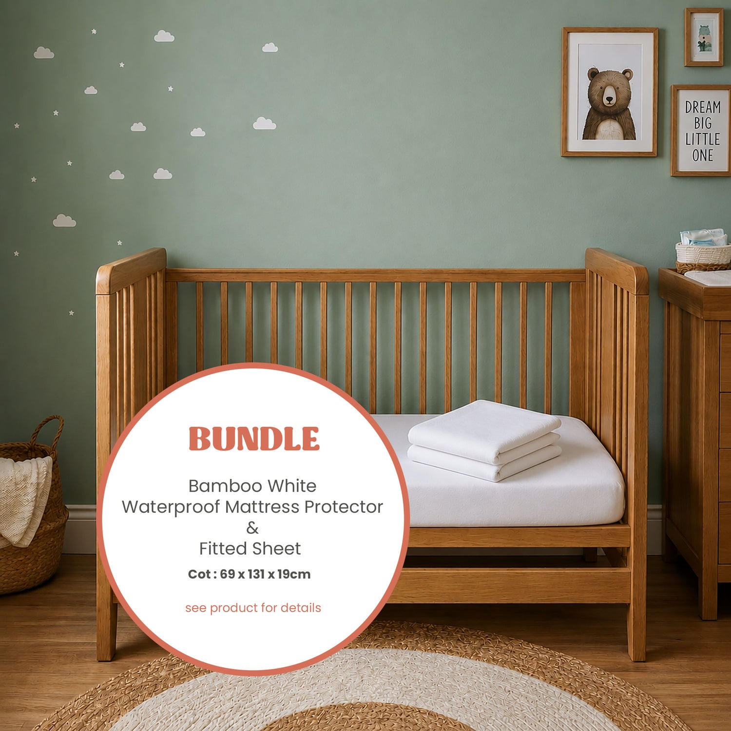 Bamboo White Standard Cot Waterproof Mattress Protector & Fitted Sheet Bundle