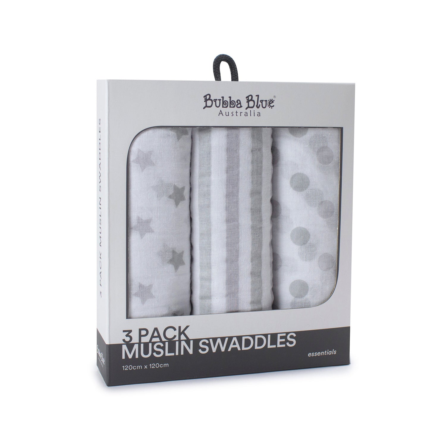 Everyday Essentials 3 Pack Muslin Swaddle Wraps - Grey - Bubba Blue Australia