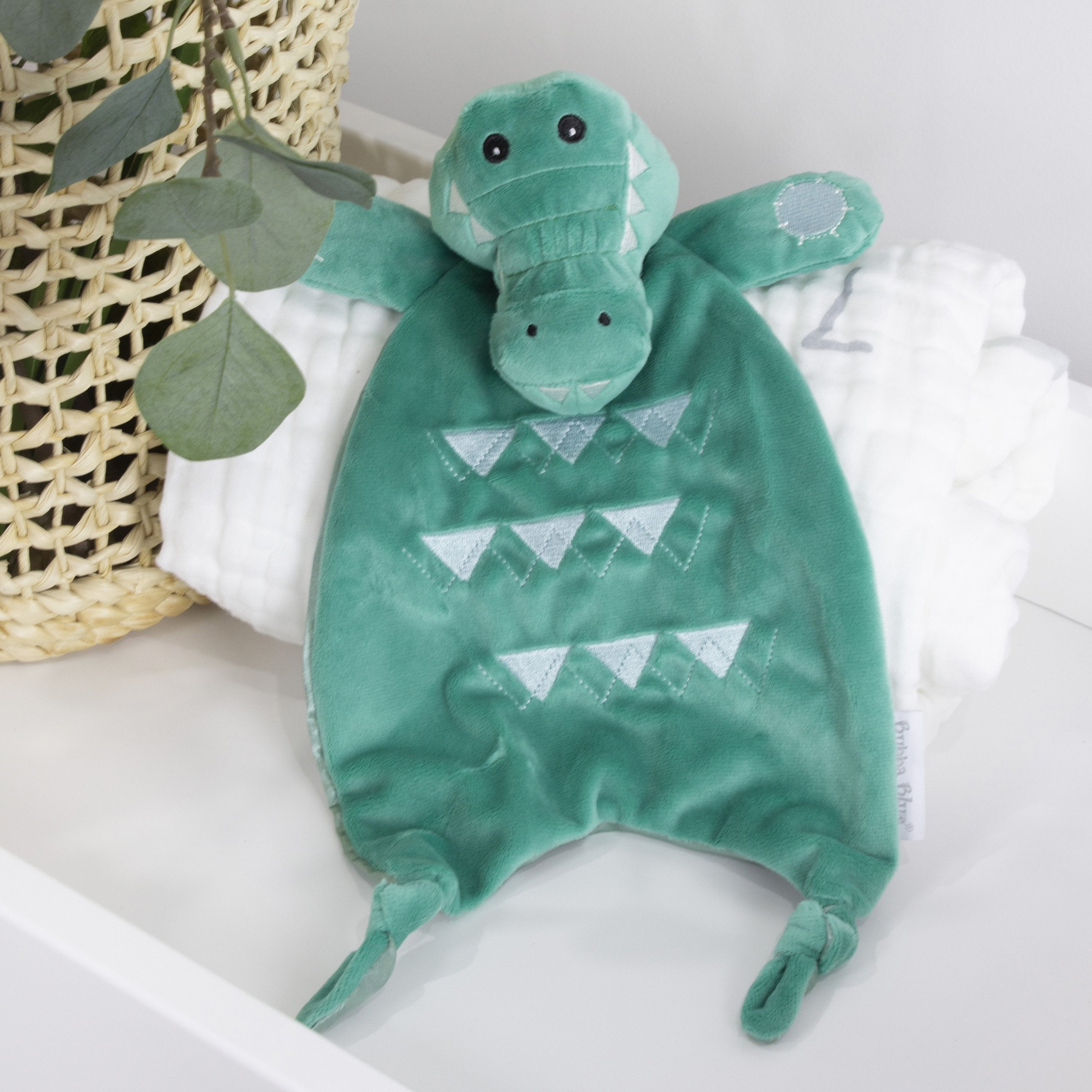 Everything Crocodile Combo - Novelty Towel, Silicone Bibs, Security Blanket and Milestone Muslin Blanket