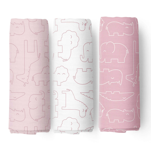 Smokey Pink Safari Bamboo 3pk Muslin Swaddle Wraps