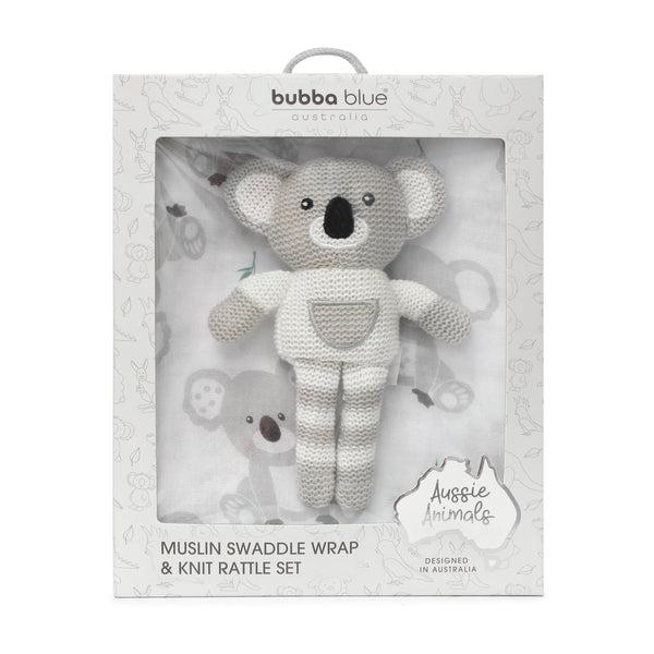 Aussie Animals Koala Muslin Swaddle Wrap and Knit Rattle Toy Gift Set